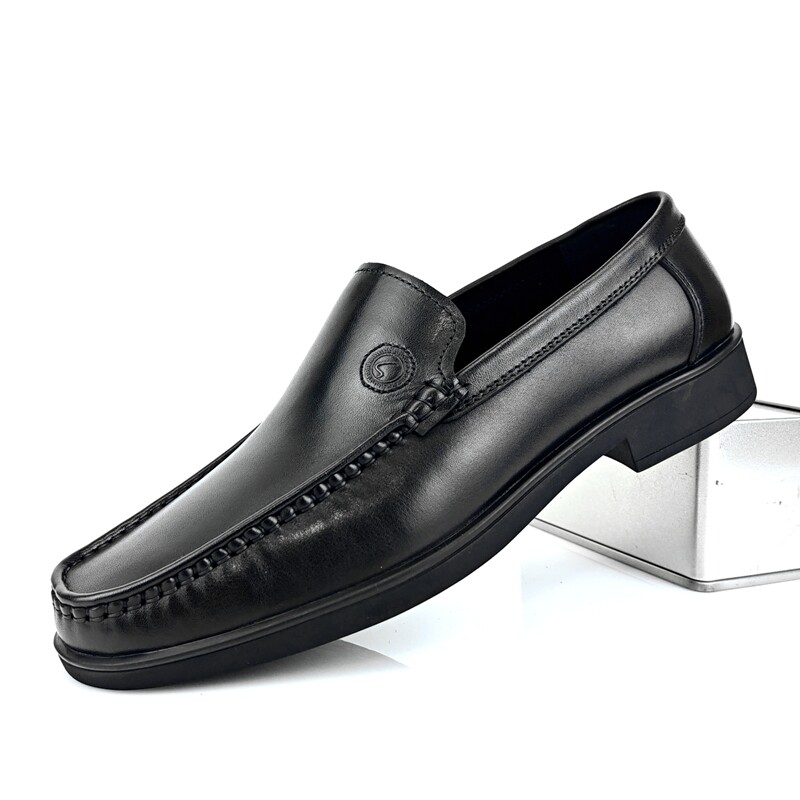 沙驰男鞋新款英伦套脚商务休闲皮鞋低跟软底透气正装鞋牛皮乐福鞋