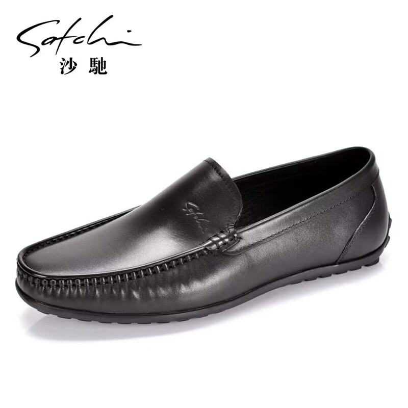 沙驰男鞋新款英伦商务豆豆鞋一脚蹬轻便休闲软底皮鞋真皮透气单鞋