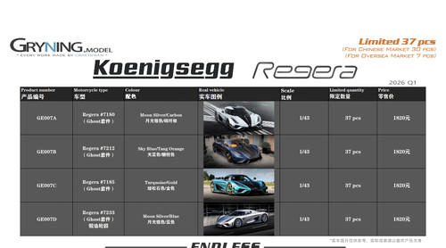 GRYNING.model 1:43 ENDLESS系列全新车型科尼赛克Regera四色首发