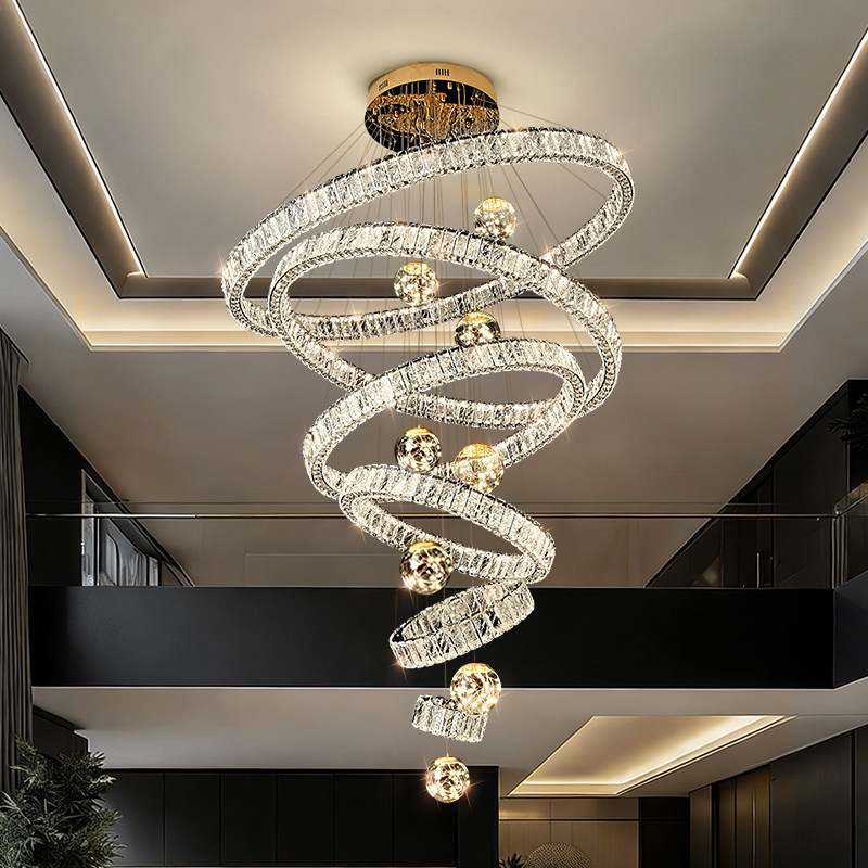 别墅挑空客厅吊灯轻奢高档楼中楼跃层挑高水晶灯复式楼中空大吊灯