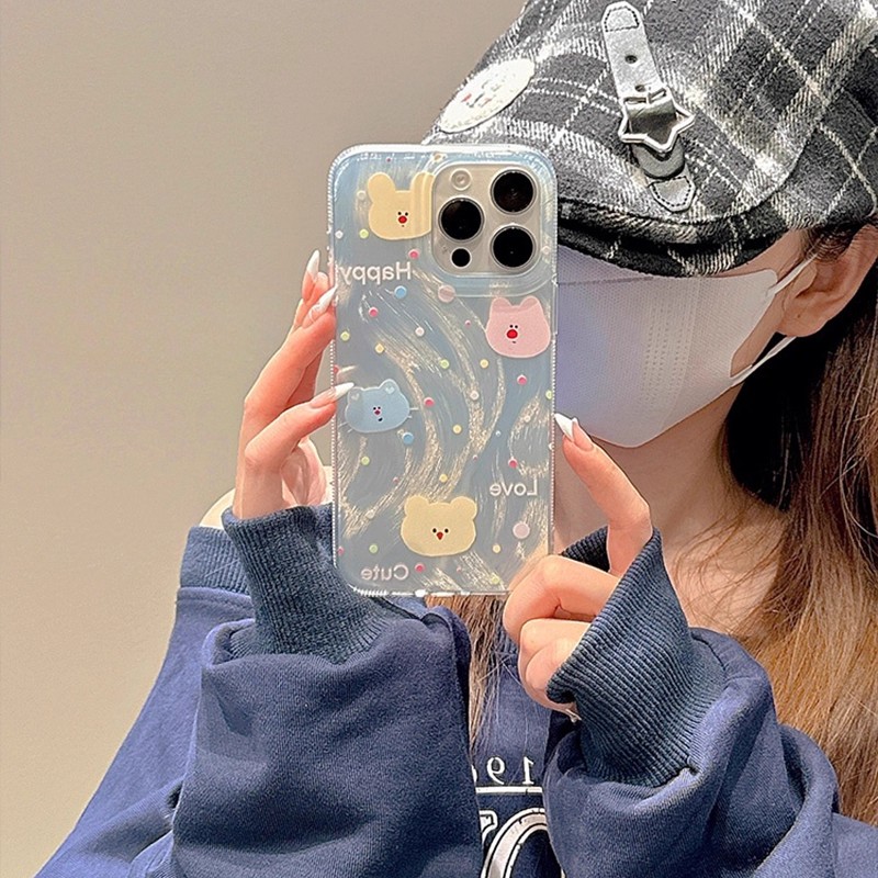 彩色小熊MD羽纱适用苹果17promax16pro手机壳15/14新款13女12简约11pro可爱X/XR小熊头挂件7/8plus网红6plus