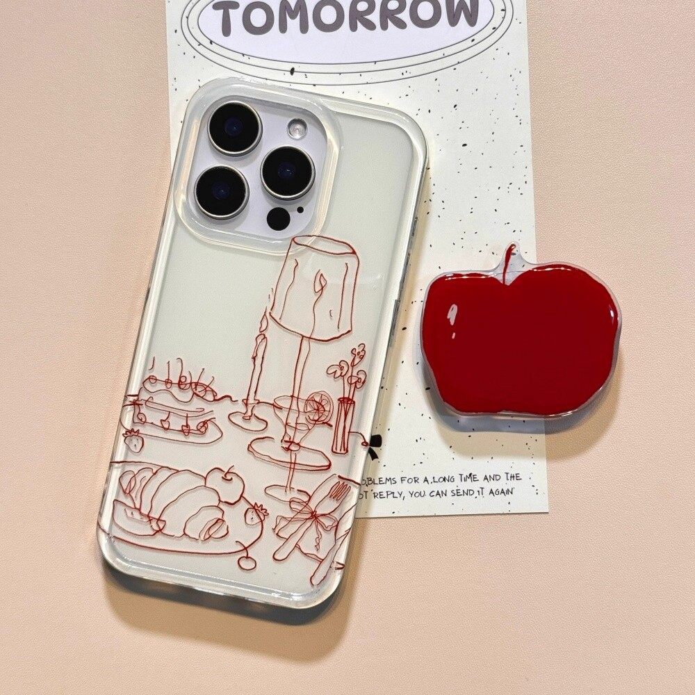 红色线条餐具晚餐适用苹果17promax手机壳韩风16/15卡通14女13简约11pro防摔X/XR趣味7/8plus点心6plus大孔