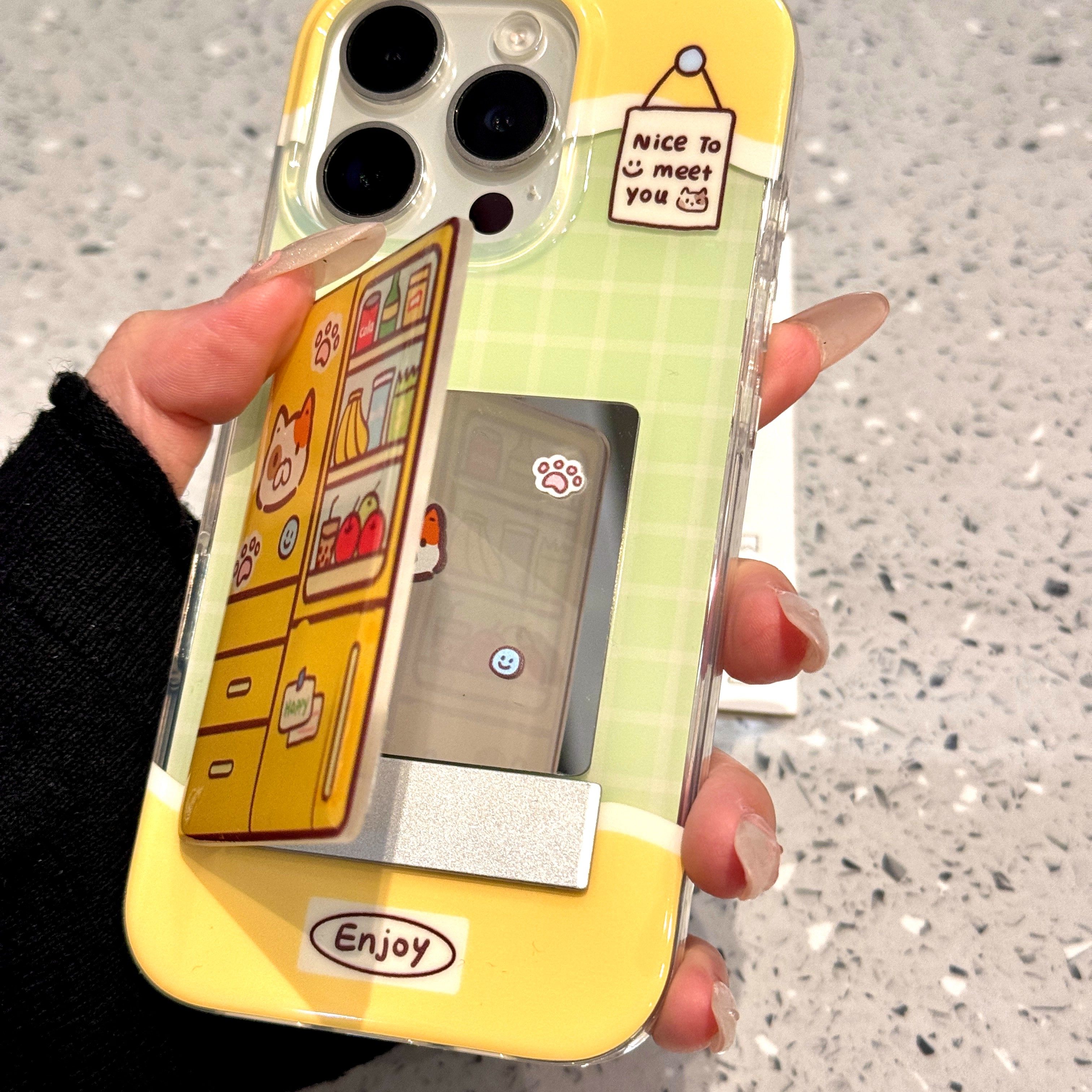 黄绿格纹小狗翻盖镜面苹果手机壳