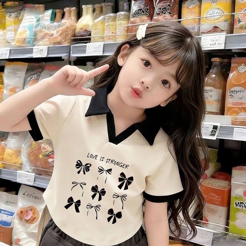 女童夏季撞色polo衫翻领打底衫女孩纯棉卡通中小童短袖T恤上衣潮
