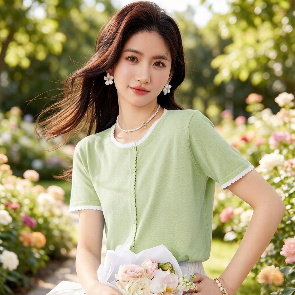 薄款短袖针织开衫女2026年夏季新款减龄拼色圆领短款显瘦t恤上衣