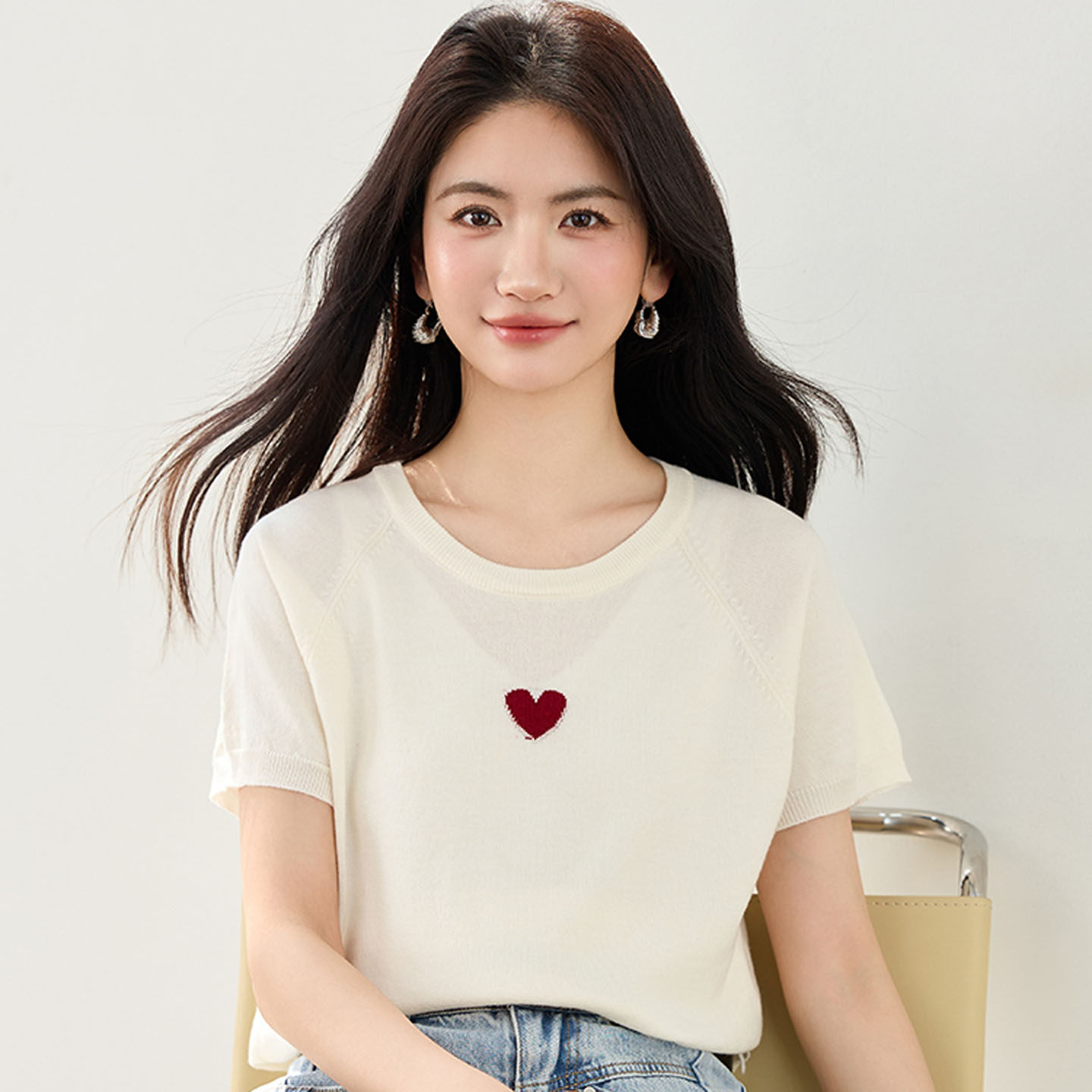 时尚百搭短袖针织衫女士2026夏季新款洋气爱心T恤小个子短款上衣