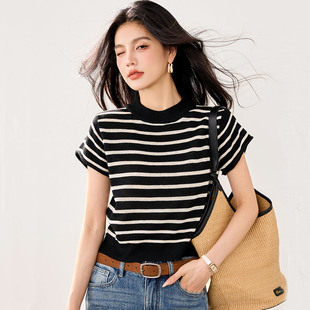 短袖 短款 冰丝针织衫 薄款 针织T恤 女条纹套头简约韩版 2026春夏新款