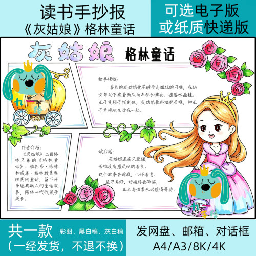 灰姑娘格林童话手抄报电子版模板小学三年级上必读书目好书推荐卡