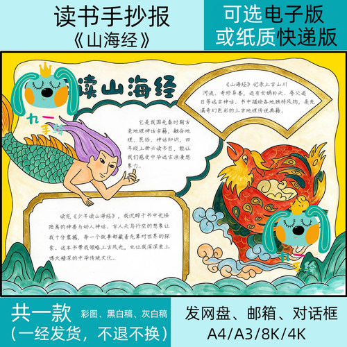 山海经手抄报电子版线稿模板小学四年级必读书目好书推荐卡小报