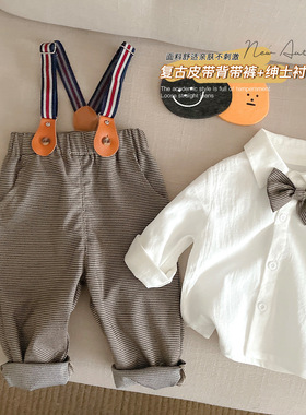 婴儿绅士套装0-3岁宝宝秋装男童帅气衬衫时尚背带裤两件套潮MT065