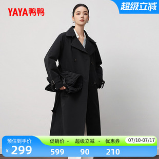 鸭鸭过膝长款风衣羽绒服2026年反季显瘦蝴蝶结系带保暖收腰外套S
