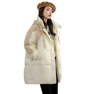 佟丽娅明星同款鸭鸭羽绒服女2025冬季中长款连帽茧型百搭加厚外套