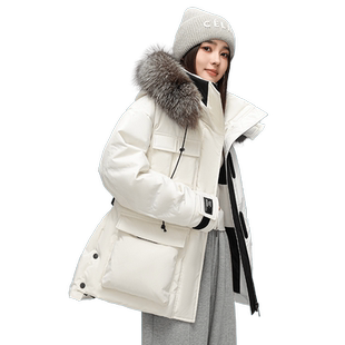 鸭鸭羽绒服女士2025秋冬反季中长款连帽狐狸毛领时尚保暖鸭绒外套