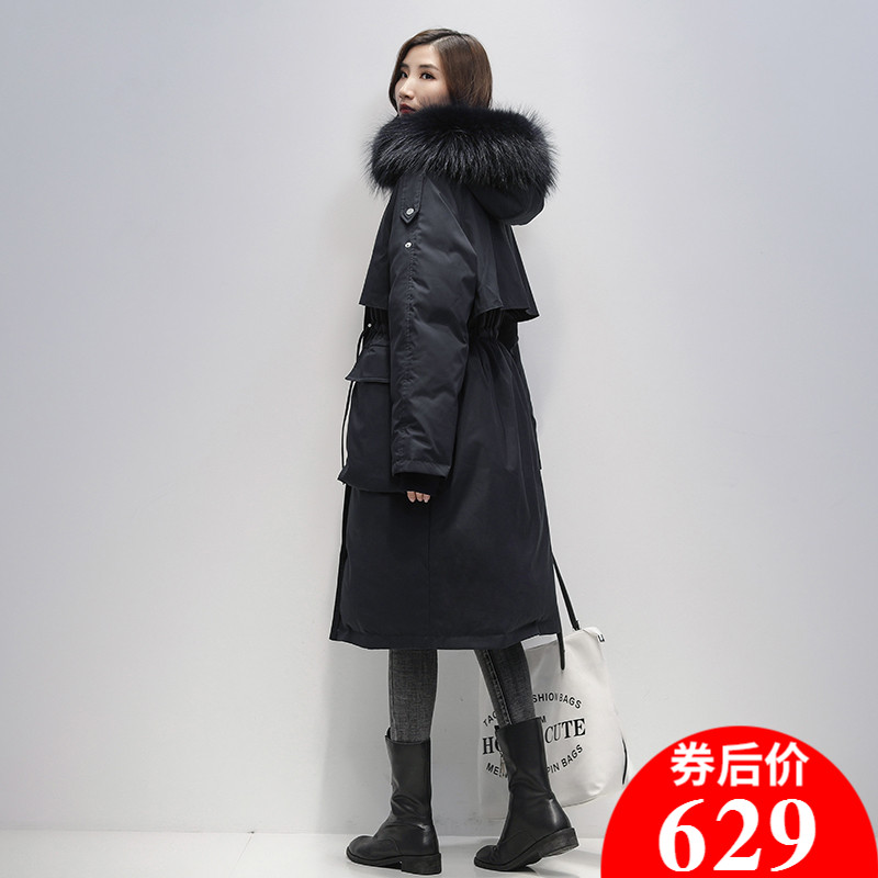 鸭鸭羽绒服女中长款长过膝2020年新款真毛领派克服时尚连帽休闲韩