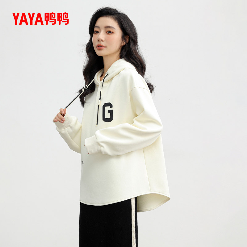 鸭鸭休闲卫衣女2026反季新款时尚简约宽松连帽拼色保暖针织绒衫J
