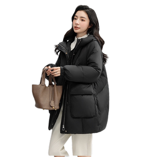 鸭鸭羽绒服女2025年秋冬反季中长款连帽显瘦时尚休闲外套克莱因蓝
