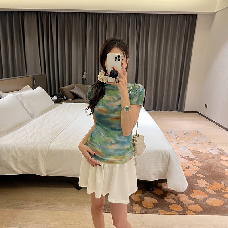 金豆豆孕妇网纱印花修身短袖T恤