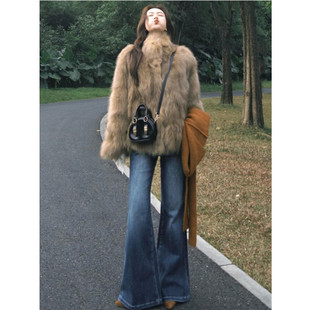 高个子加长版美式加绒微喇牛仔裤女高级感不贴腿显瘦直筒拖地裤冬