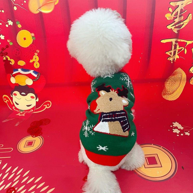 宠物毛衣新品圣诞款中小型狗狗猫咪秋冬贴布绣卡通小鹿博美比熊衣