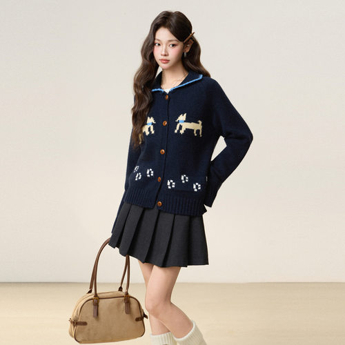 藏青翻领撞色针织长袖开衫毛衣女秋冬加厚绣花外套设计感慵懒上衣