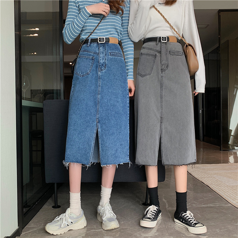 Real shooting and real price new Korean style split hem denim mid long buttock denim skirt in spring and summer