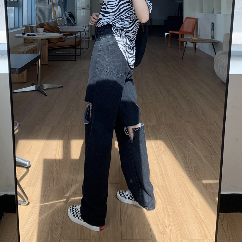 Real shot real price summer net red Korean straight tube hole age reducing floor dragging jeans female