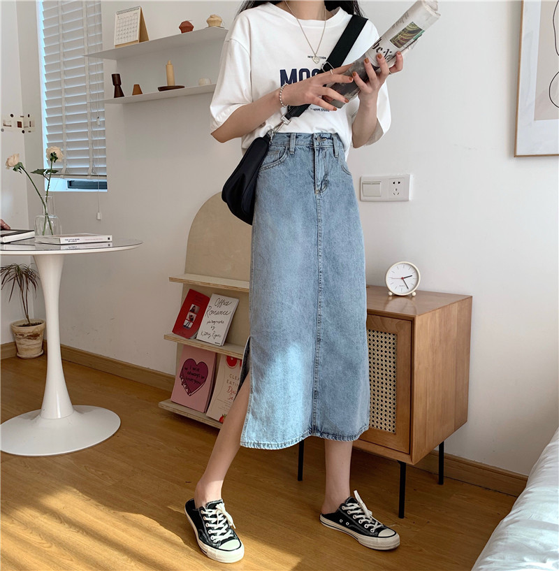 Real price 2021 new high waist thin slit A-line denim skirt mid length buttock skirt
