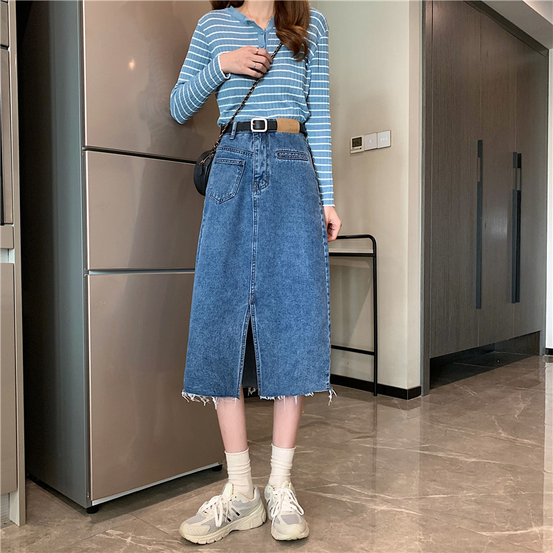 Summer denim high waist mid length skirt with hairline slit and buttock skirt