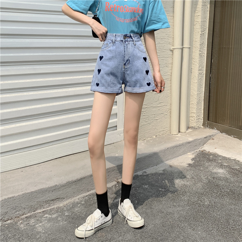 Red Korean love rolled A-line jeans loose and thin rolled Jeans Shorts