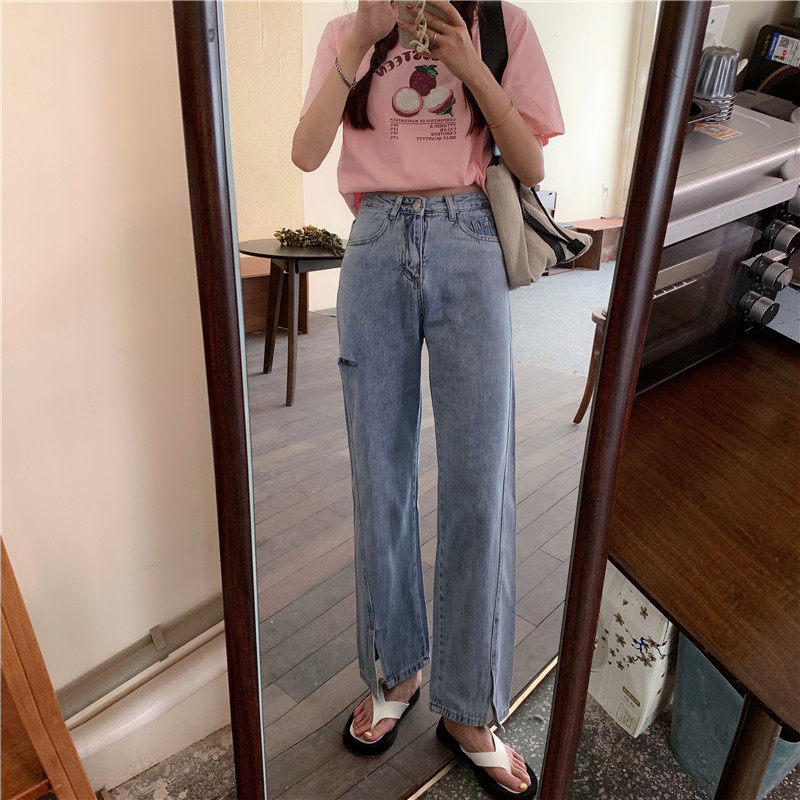 Real price slit Jeans Straight Tube wide leg show thin loose high waist jeans pants