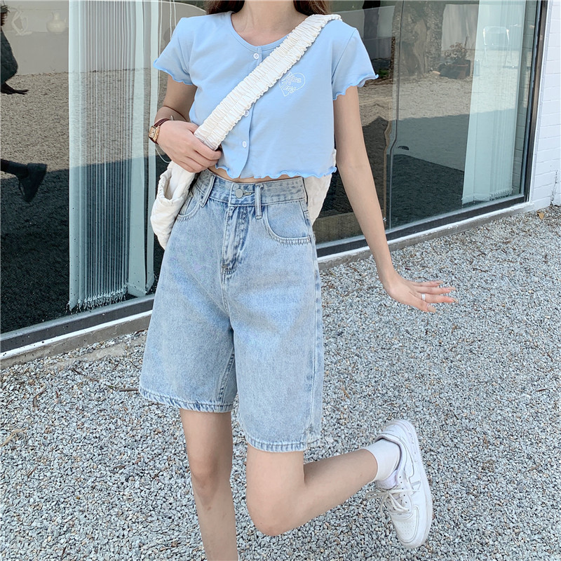 Real shooting and real price summer simple and versatile loose straight slit embroidery 5-point denim pants