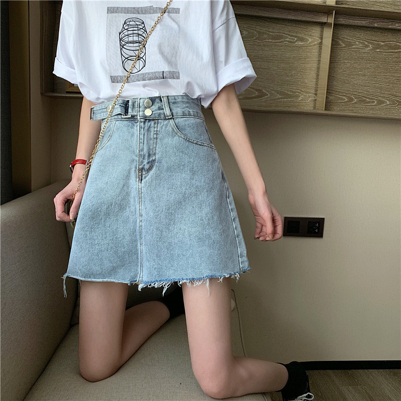 Real shot real price summer FLANNEL Denim Skirt adjustable high waist denim skirt