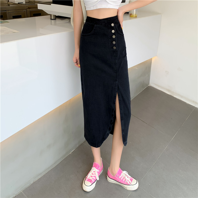 Real shot real price summer Korean split net red elastic buttock mid length denim skirt