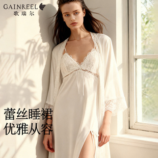 歌瑞尔新款 蕾丝性感睡衣女绝美超仙蕾丝吊带睡裙睡袍两件套 法式