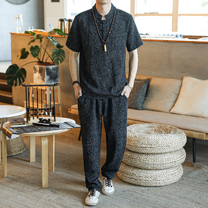 2021夏季亚麻盘扣短袖男士T恤套装男钱塘 2026-TZ1021%1001-P100图片