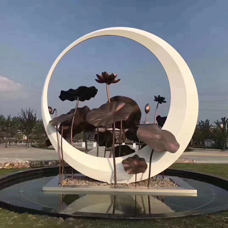 不锈钢圆环荷花雕塑金属创意荷塘月色圆形成品造型售楼部水景雕塑