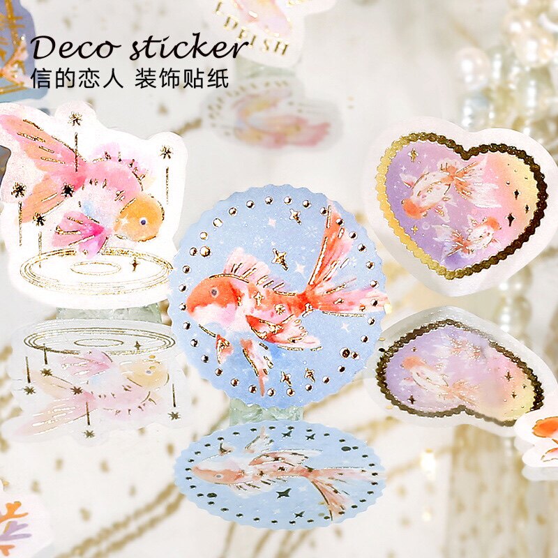 迷夜笙歌可爱金鱼蘑菇水母文具手帐素材手绘插画封口贴和纸贴纸包