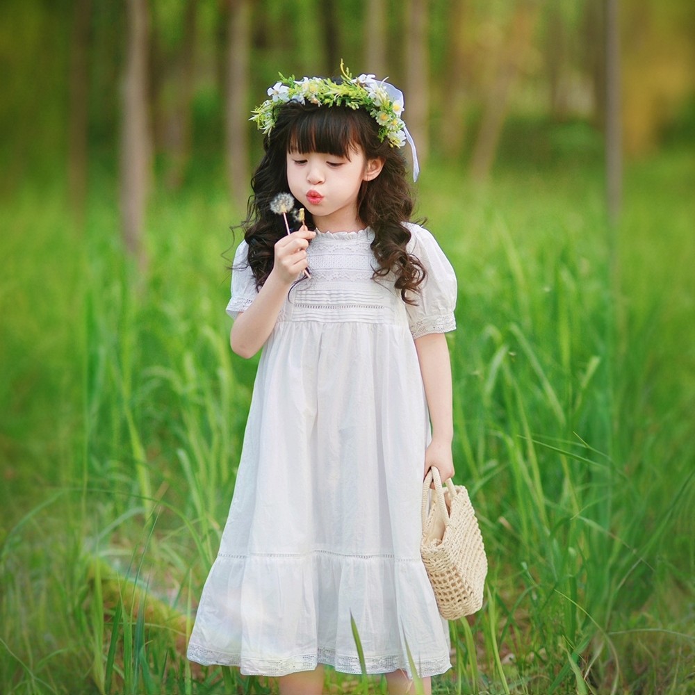 2025夏季新款小个子法式公主长裙女童白色连衣裙蕾丝短袖百搭裙子