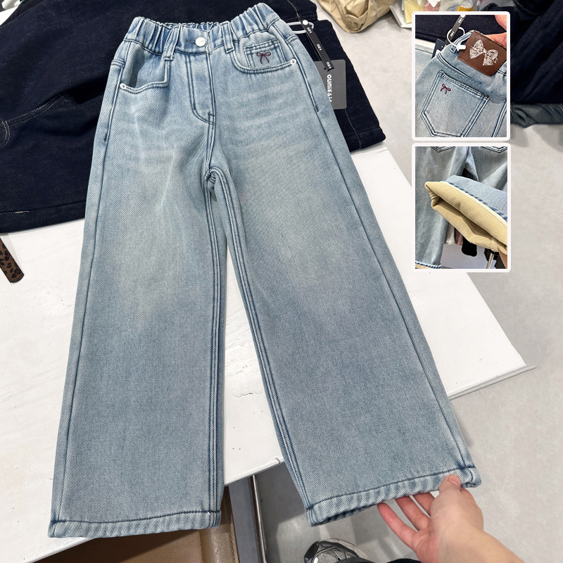 女童牛仔裤加绒直筒裤阔腿裤