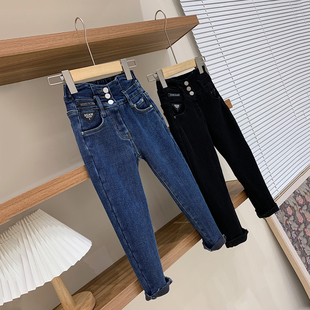 女童修身牛仔裤2025春秋新款休闲长裤中大童高腰小脚裤加绒铅笔裤