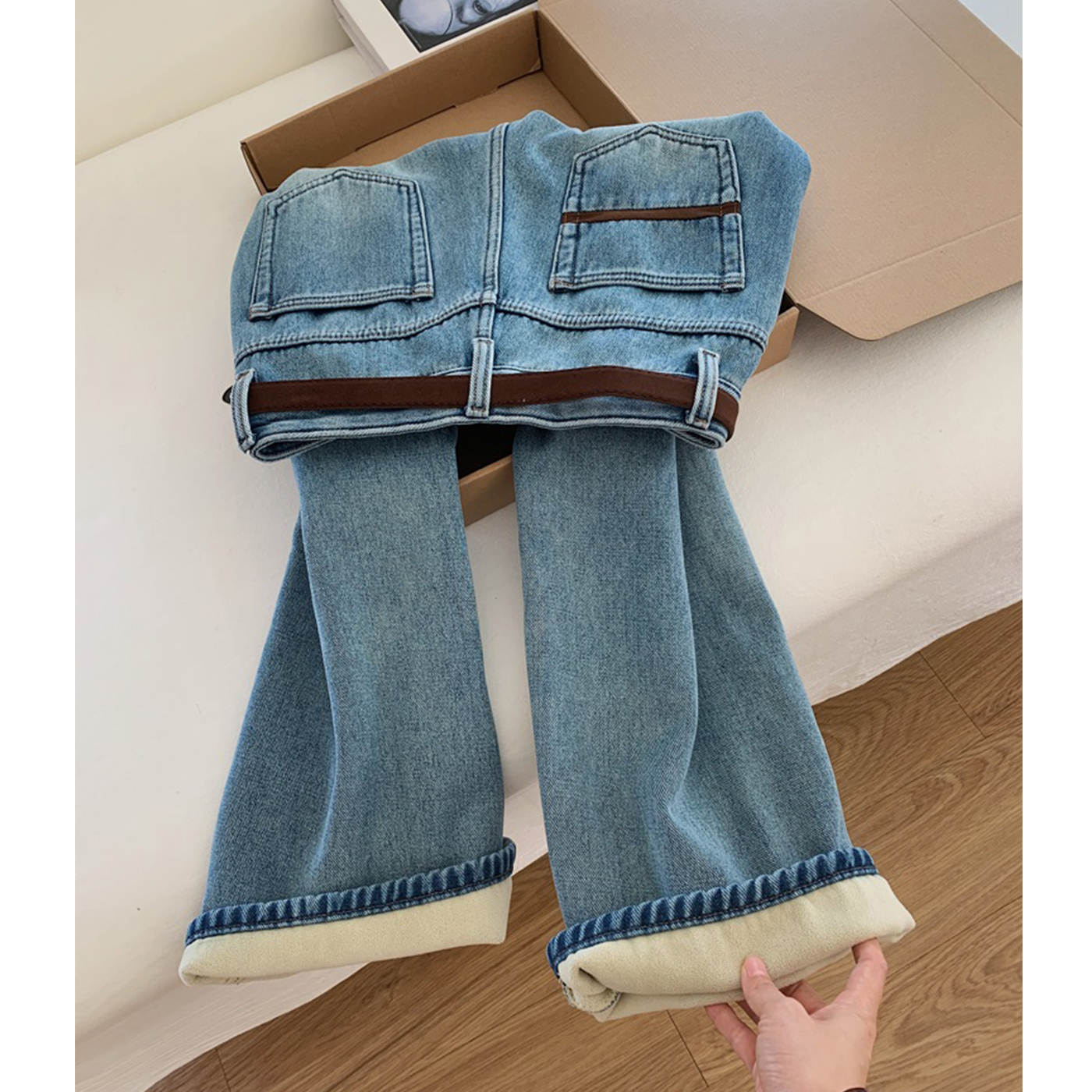 窄版高端加绒加厚直筒牛仔裤