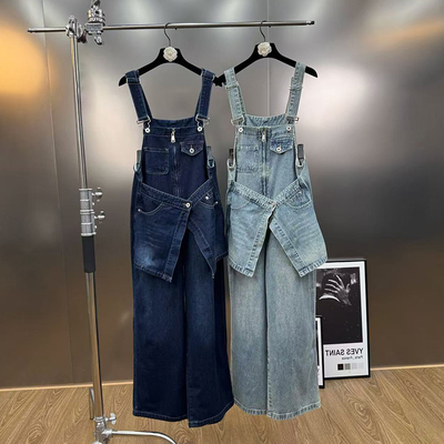 女童拼接口袋布假两件牛仔背带裤