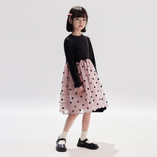 女童针织网纱拼接连衣裙2025秋装新款休闲洋气公主裙儿童气质长裙