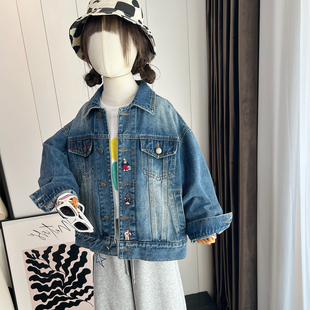 女童春秋季牛仔外套中大儿童韩式宽松翻领长袖牛仔外套男童夹克衫