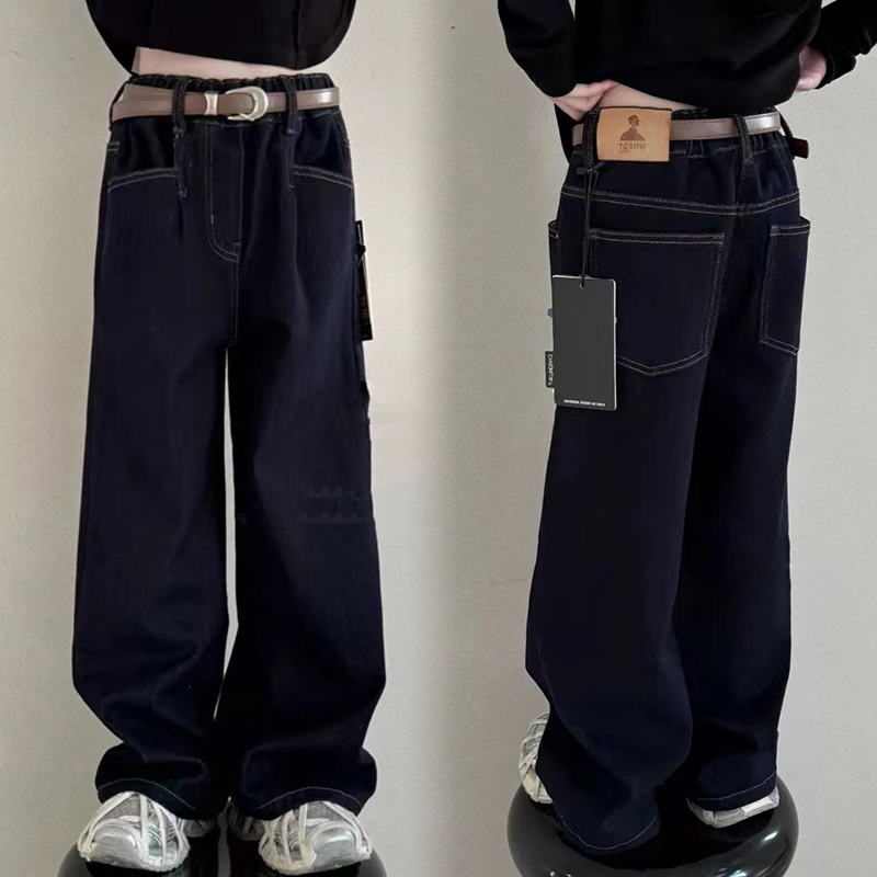 女童加绒牛仔裤深蓝色直筒裤