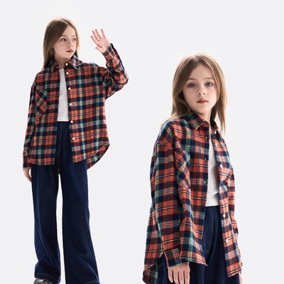男女童长袖格子衬衫棉宽松廓形