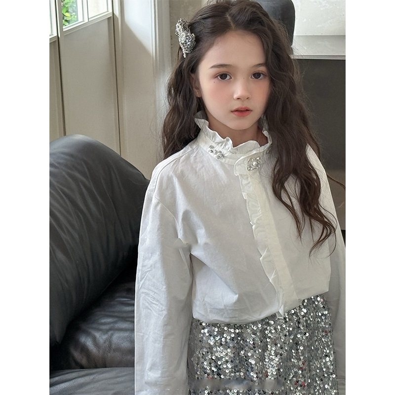 女童白色镶钻衬衫衬衣外套内搭长袖上衣服秋季中大童装洋气百搭潮