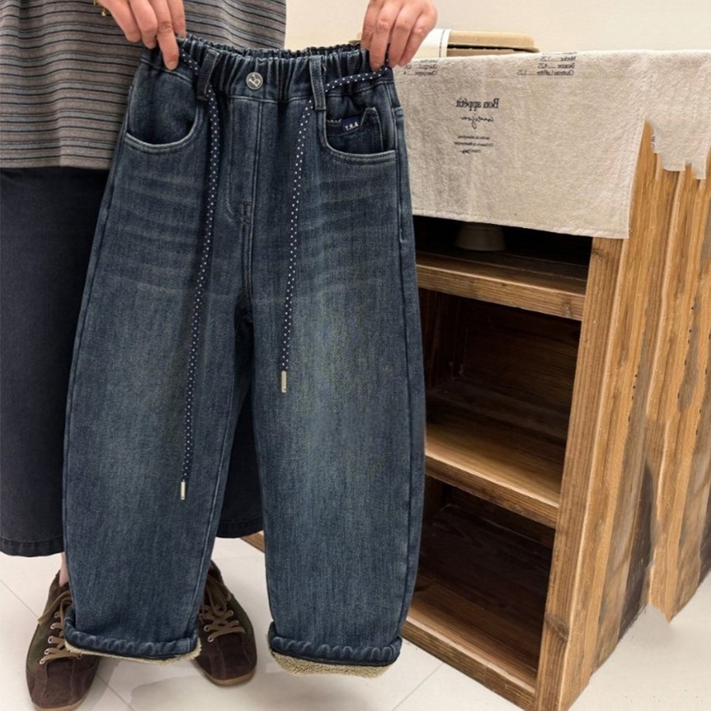 男女童仿羊驼绒加厚老爹牛仔裤