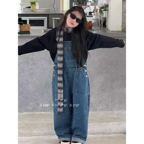 女童韩版显瘦牛仔背带阔腿长裤