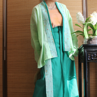 蕉叶 绿色真丝苎麻飞机袖短衫贴边真丝棉斜纹提花两片裙 日常汉服